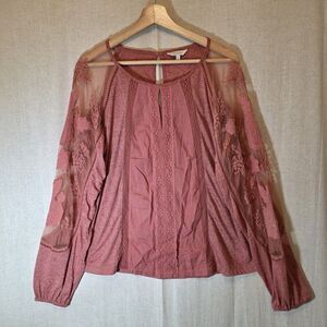 Lucky Brand Womens Large Top Blouse Lace Insets Pink Rust Long Sleeve Keyhole